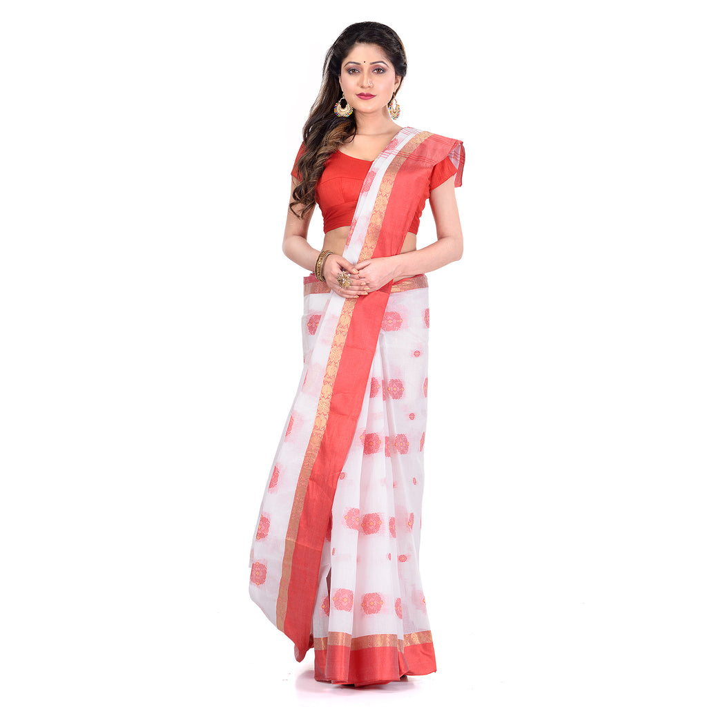 Women's Handloom Cotton White Tant Saree