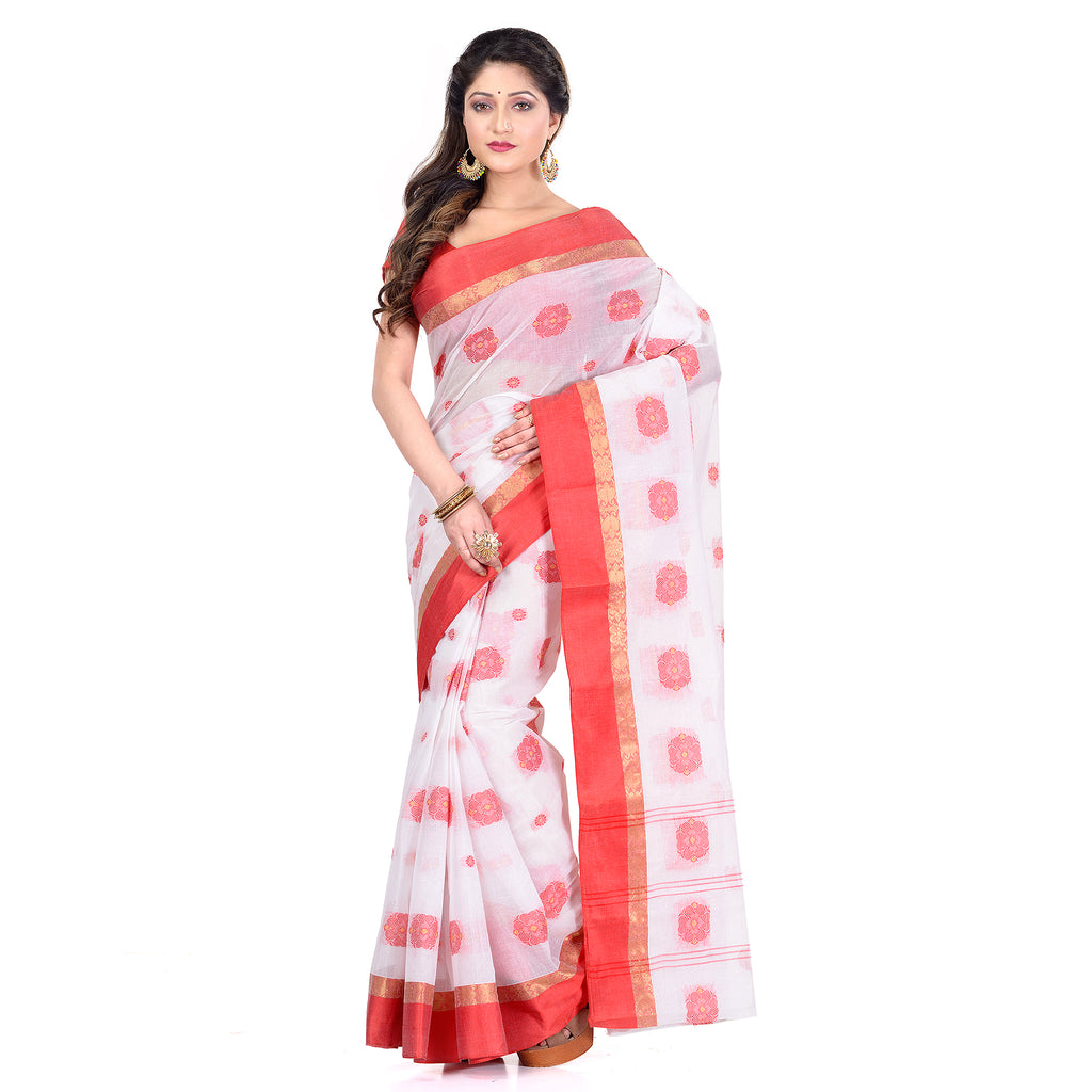 Women's Handloom Cotton White Tant Saree