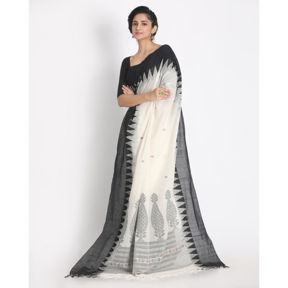 Women's Handspun Cotton White Handloom Tangail Saree - Piyari Fashion