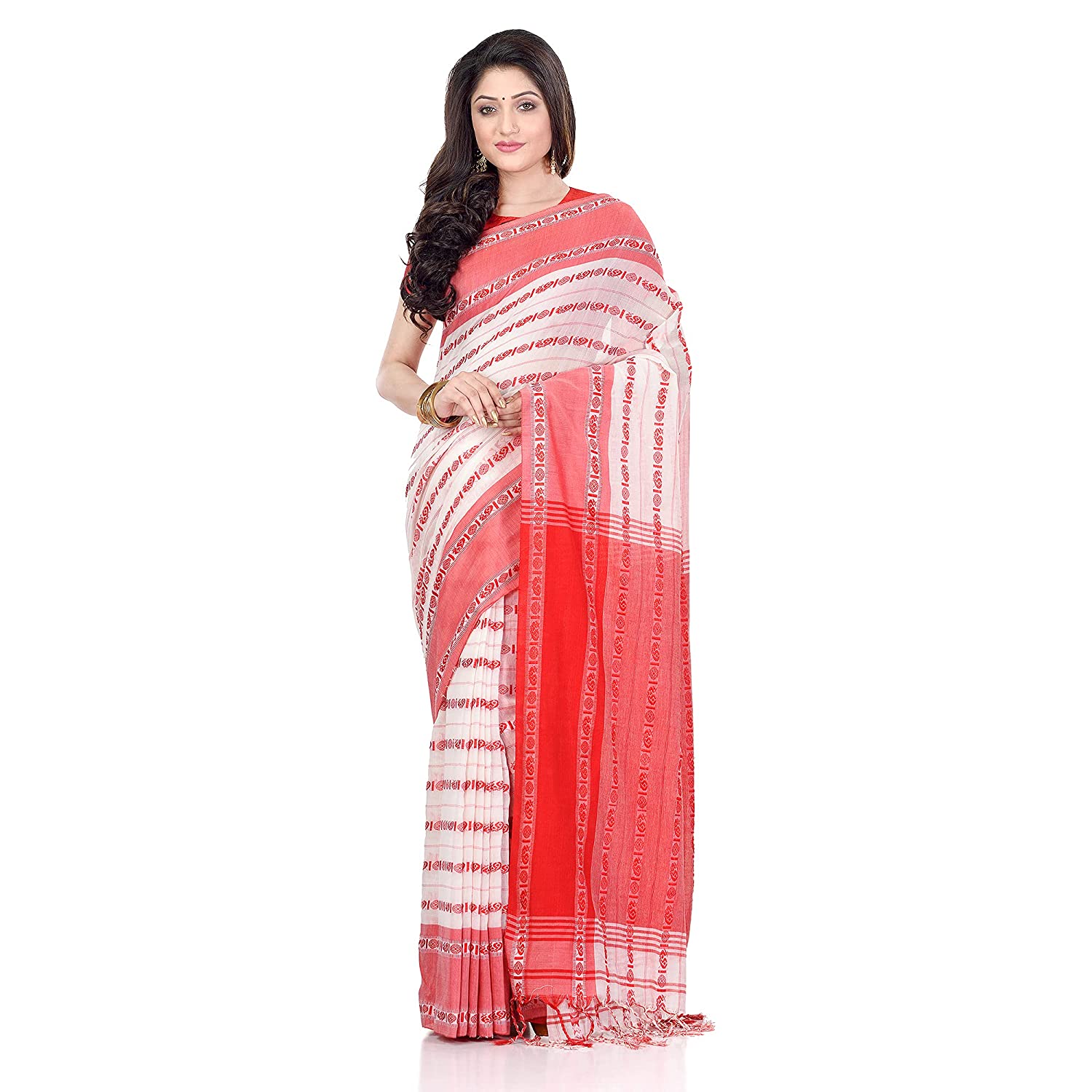 Women's Handwoven White Dhaniakhali Pure Cotton Saree - Piyari Fashion