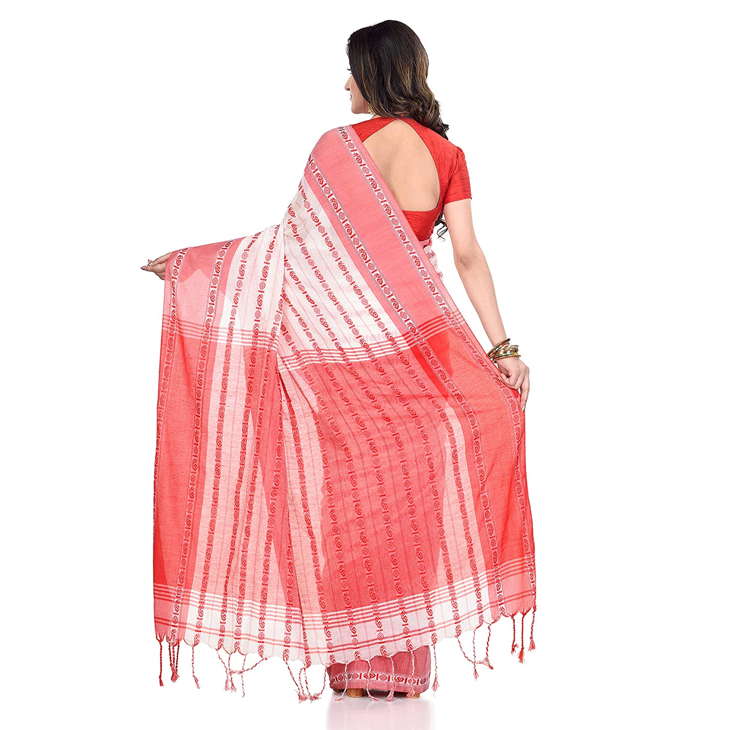 Women's Handwoven White Dhaniakhali Pure Cotton Saree - Piyari Fashion
