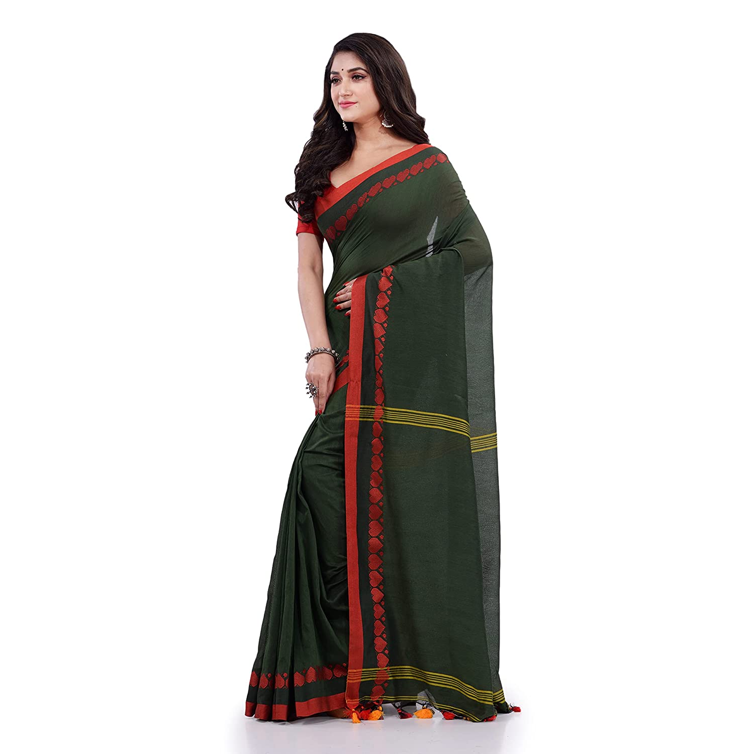 Women's Handspun Cotton Dark Green Handloom Tangail Saree - Piyari Fashion