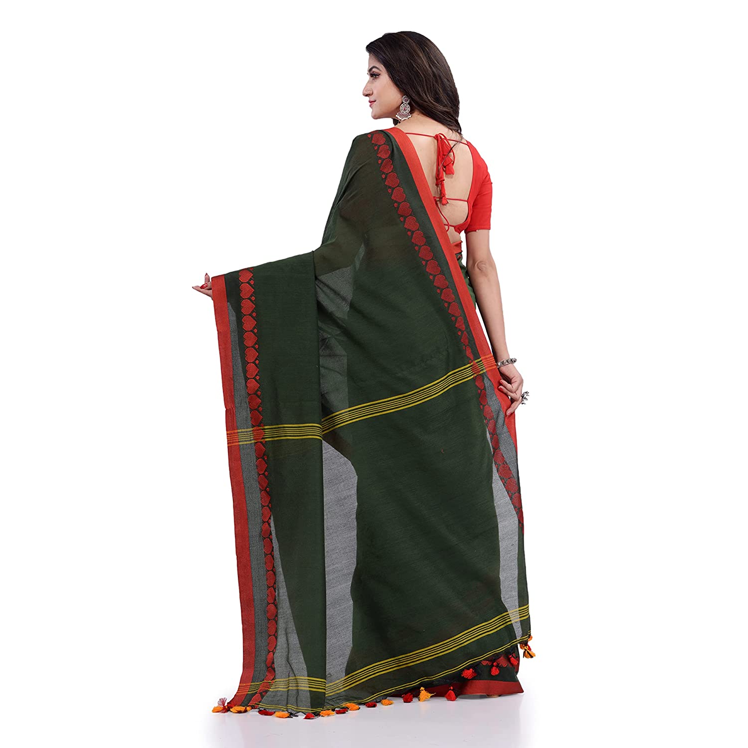 Women's Handspun Cotton Dark Green Handloom Tangail Saree - Piyari Fashion