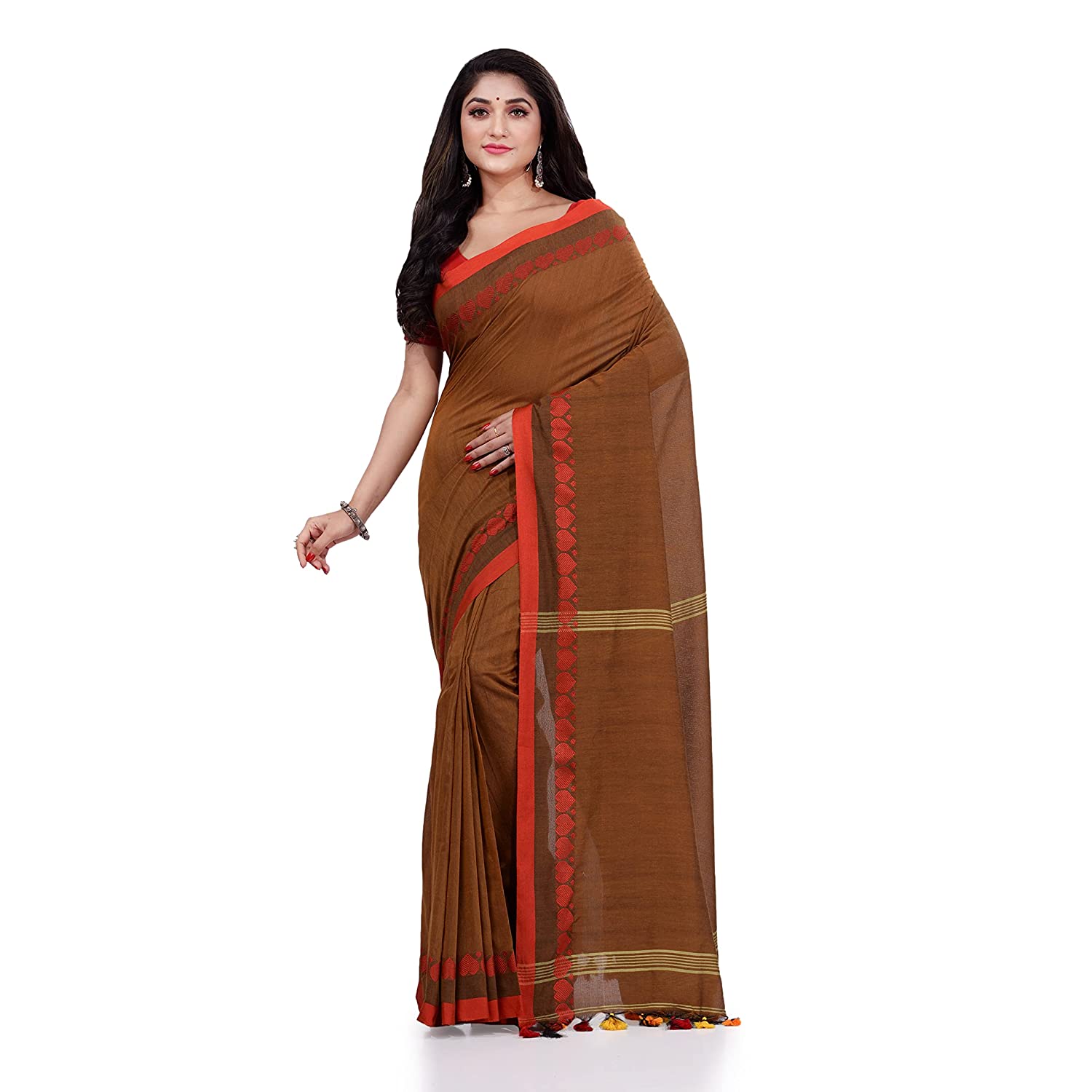 Women's Handspun Cotton Brown Handloom Tangail Saree - Piyari Fashion