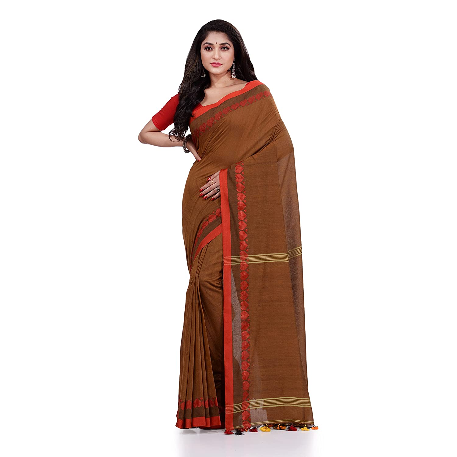Women's Handspun Cotton Brown Handloom Tangail Saree - Piyari Fashion