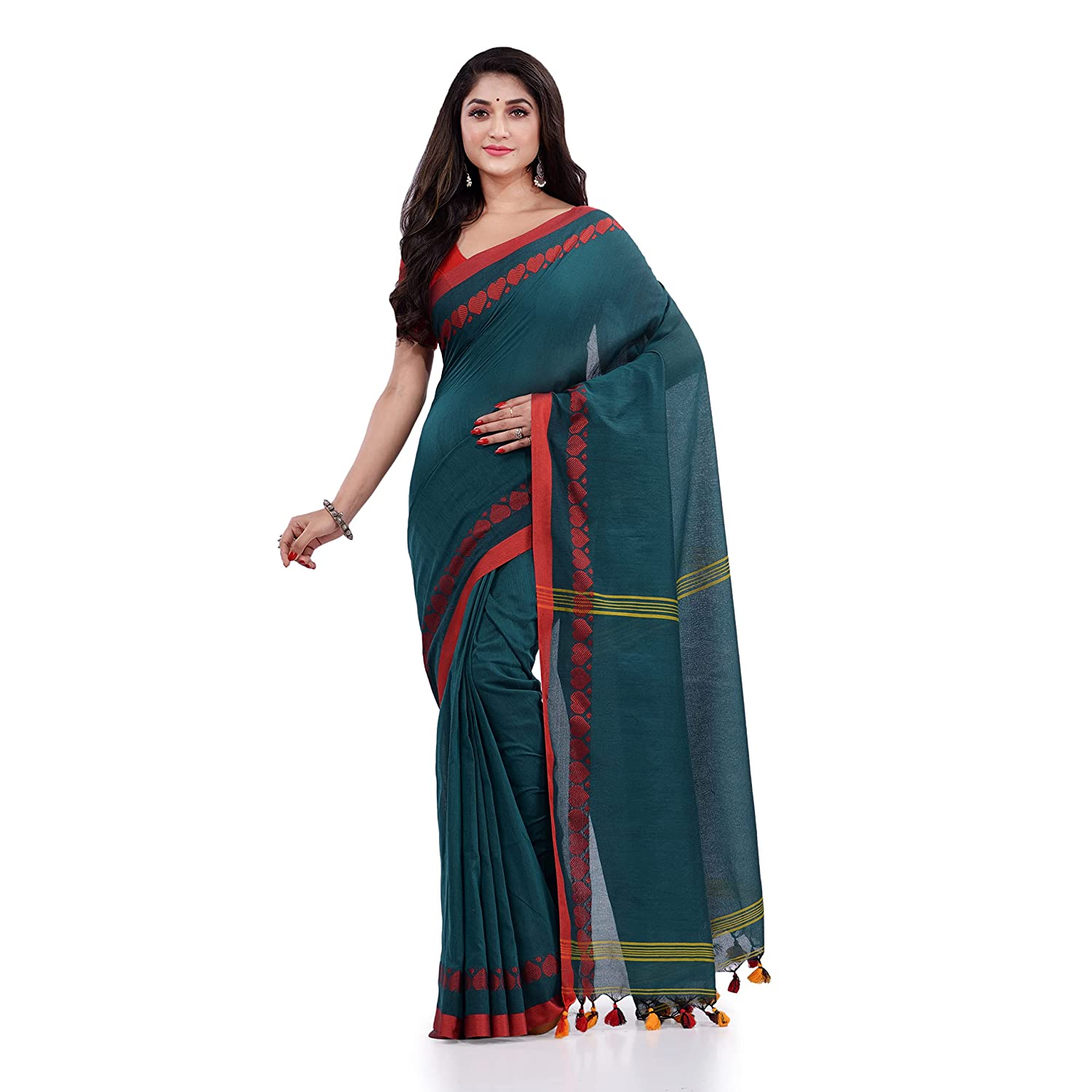 Women's Handspun Cotton Teal Handloom Tangail Saree - Piyari Fashion