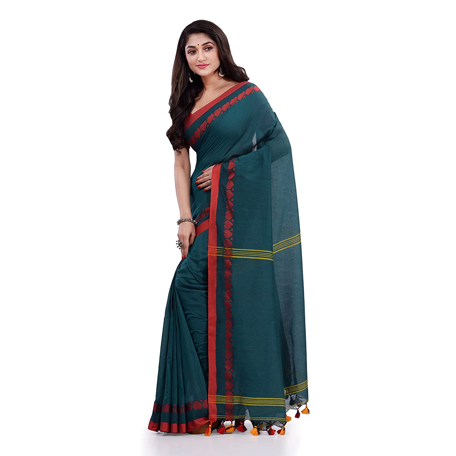 Women's Handspun Cotton Teal Handloom Tangail Saree - Piyari Fashion