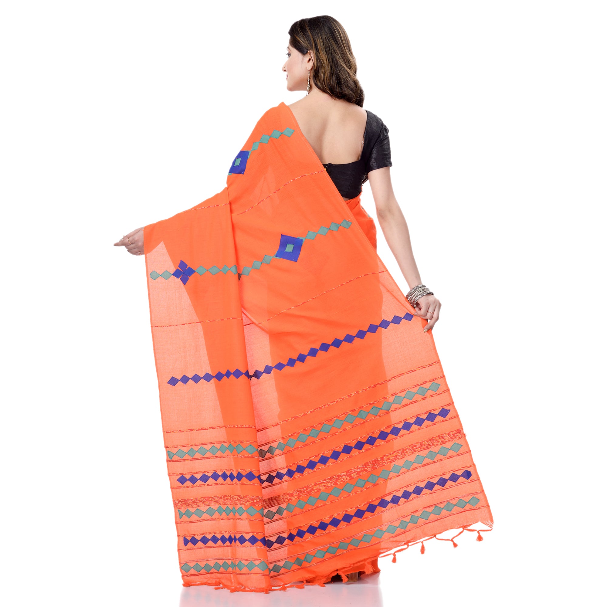 Women's Handspun Cotton Orange Handloom Applique Saree - Piyari Fashion