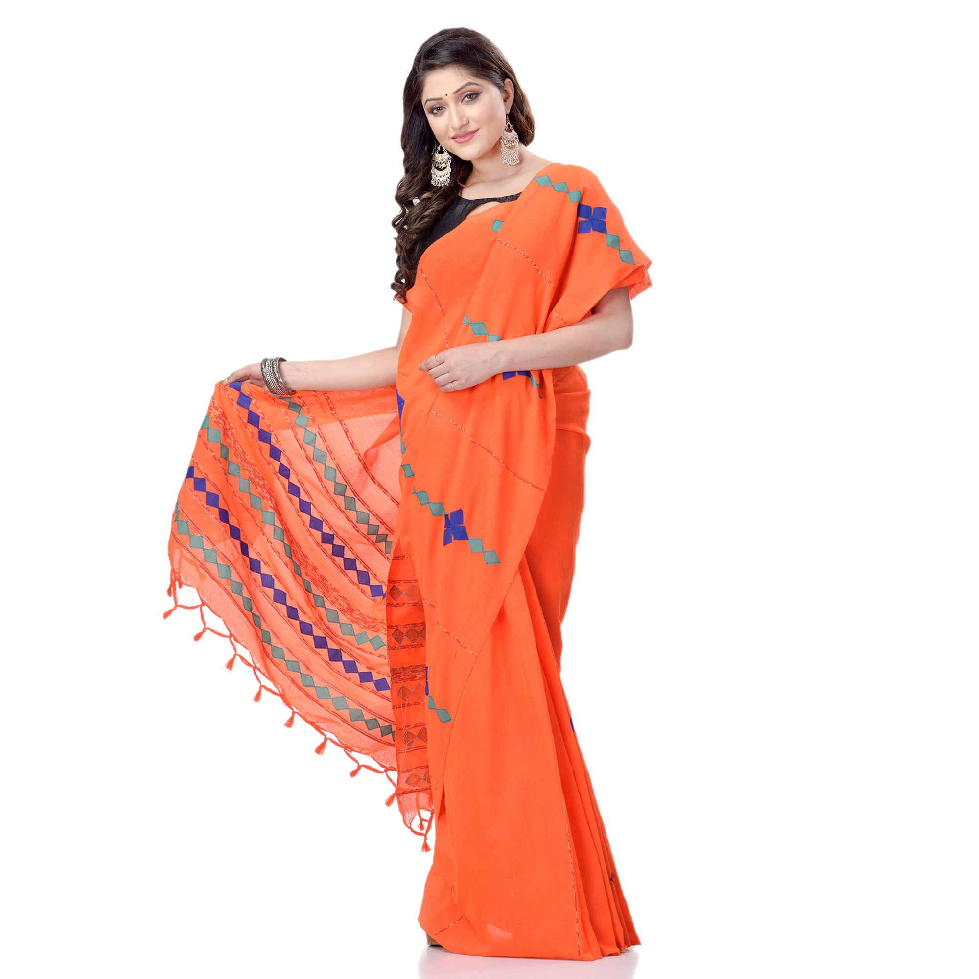 Women's Handspun Cotton Orange Handloom Applique Saree - Piyari Fashion