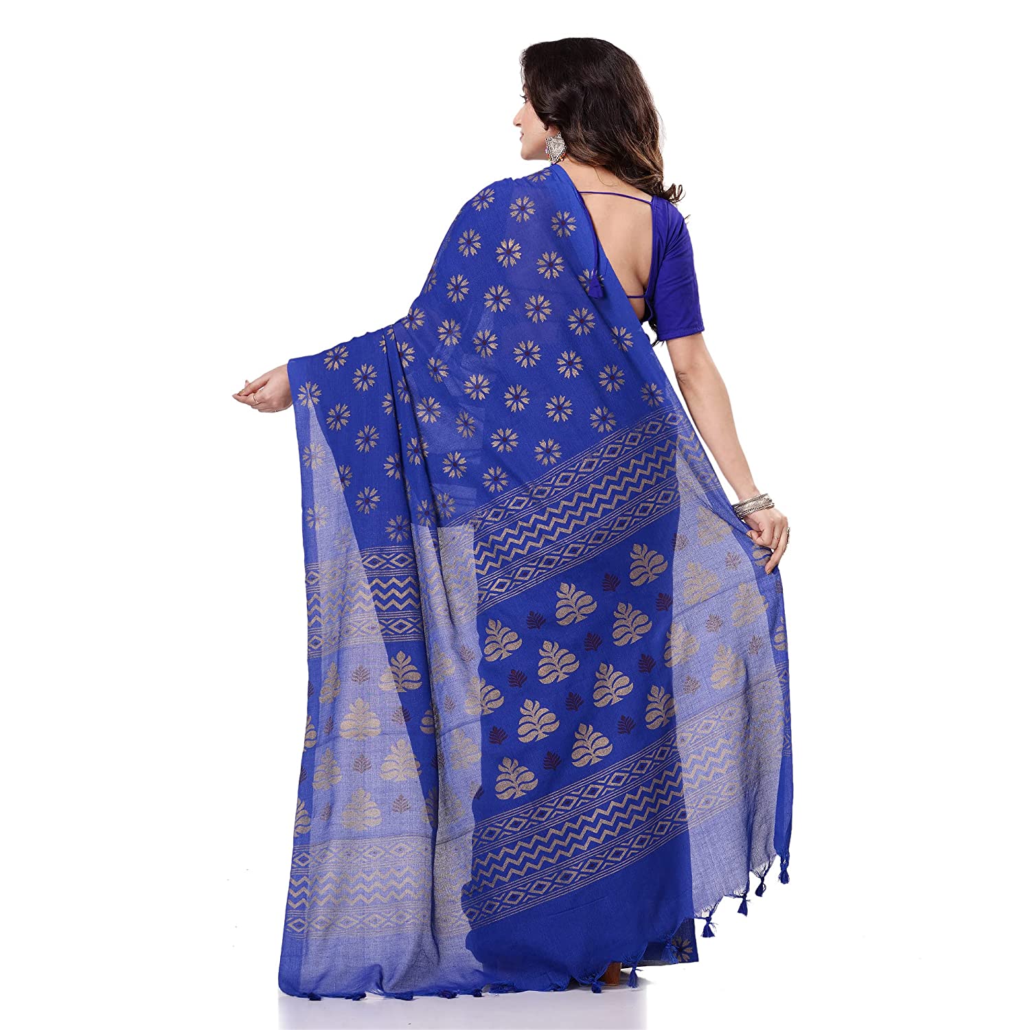Women's Handspun Cotton Blue Handloom Print Saree - Piyari Fashion