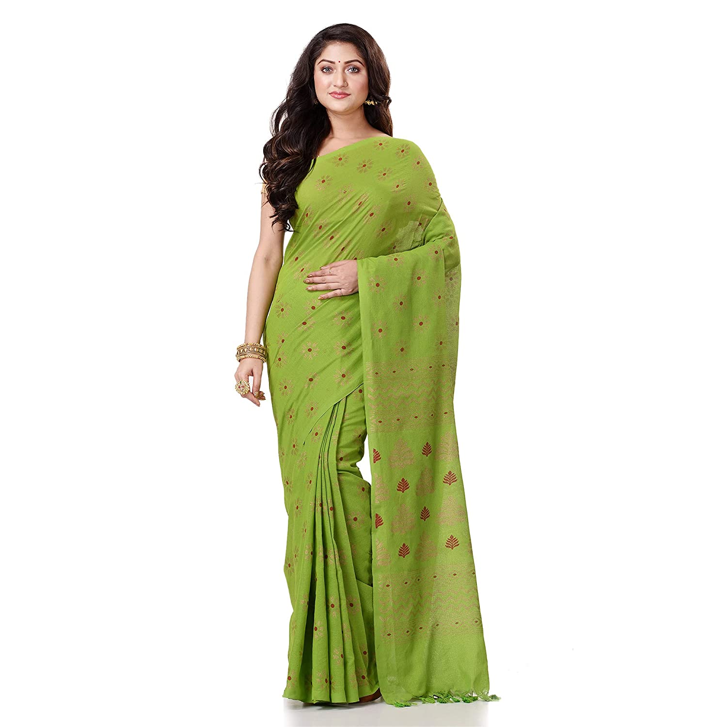 Women's Handspun Cotton Lemon Green Handloom Print Saree - Piyari Fashion