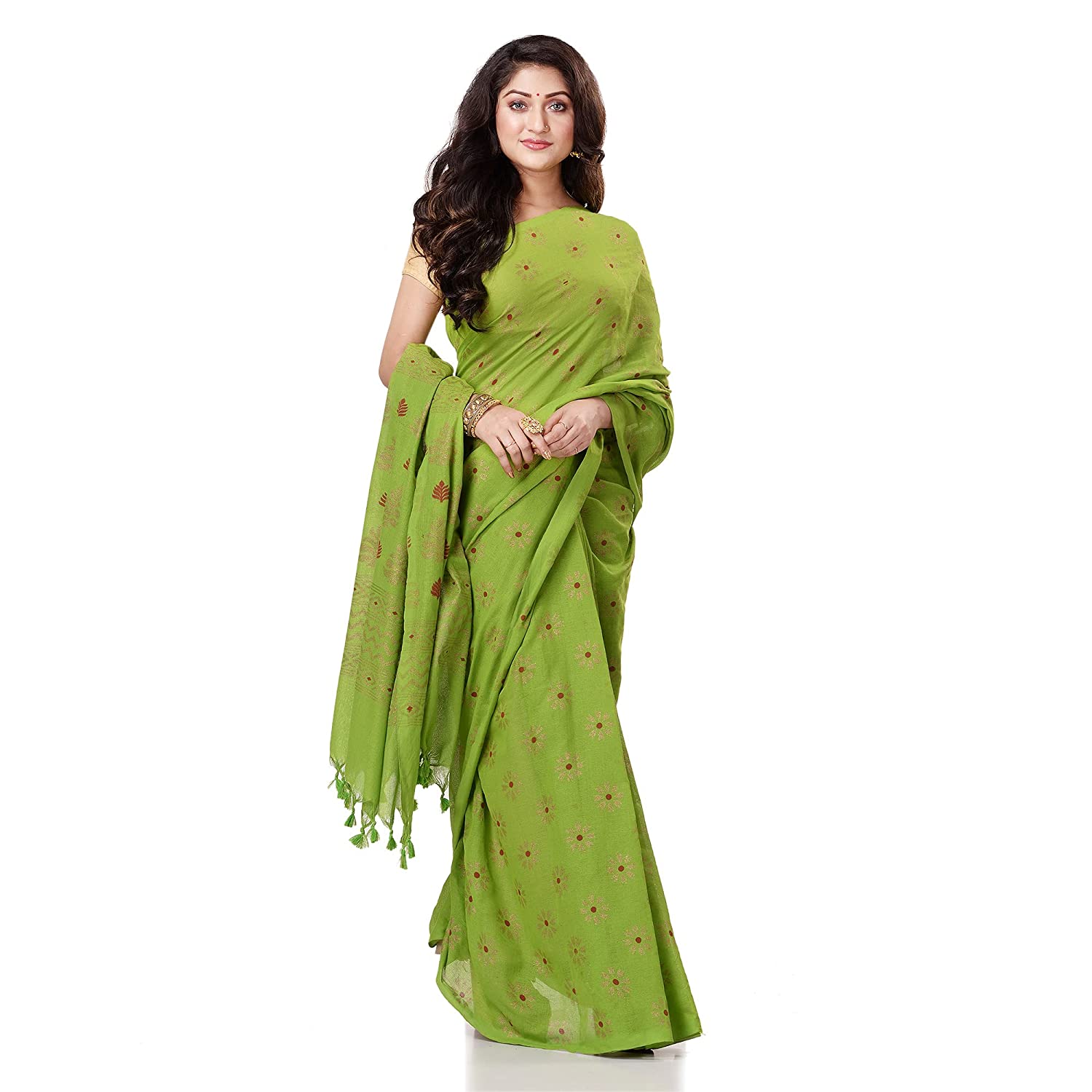 Women's Handspun Cotton Lemon Green Handloom Print Saree - Piyari Fashion