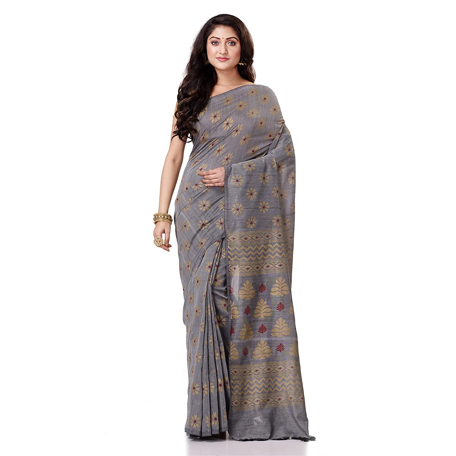 Women's Handspun Cotton Silver Grey Handloom Print Saree - Piyari Fashion