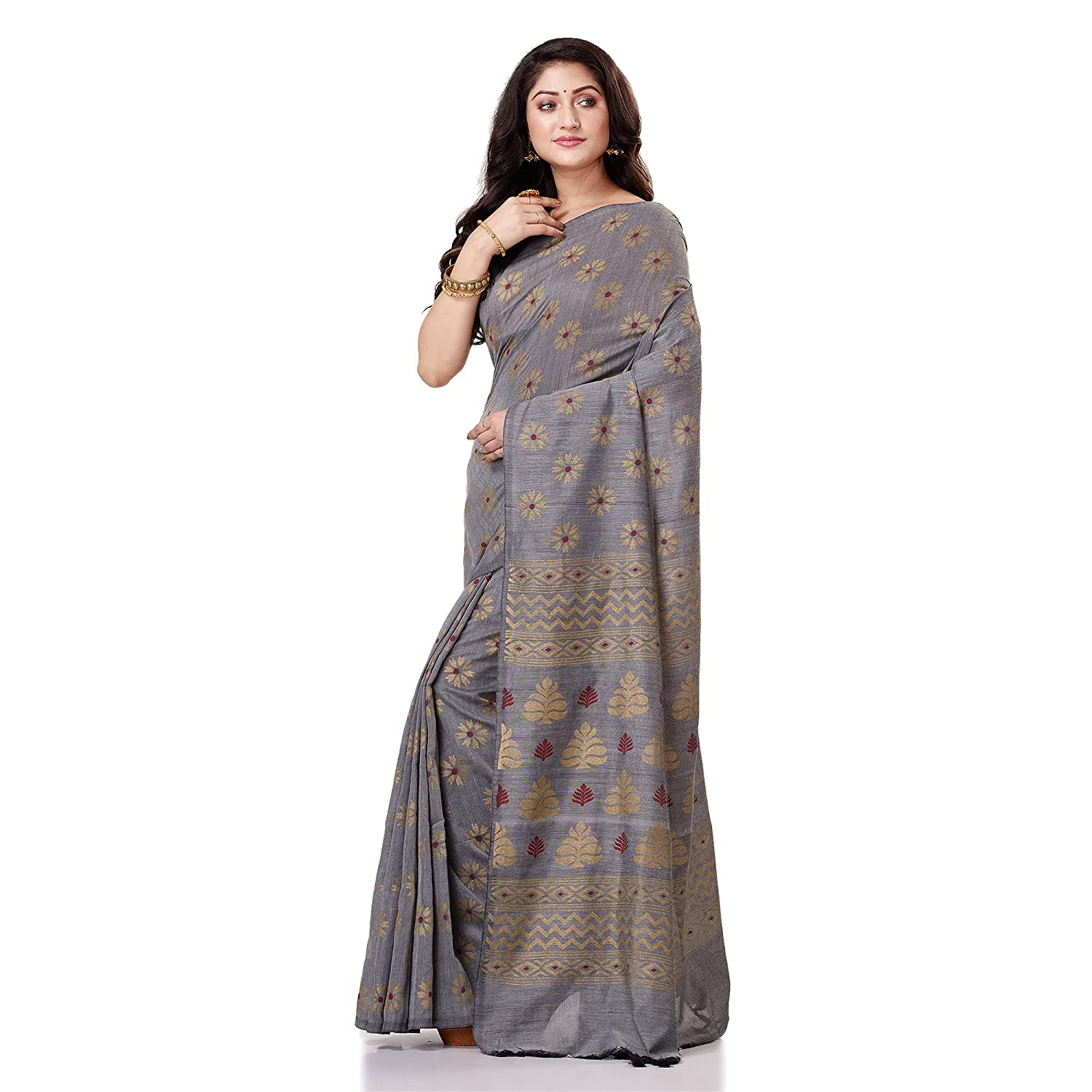 Women's Handspun Cotton Silver Grey Handloom Print Saree - Piyari Fashion