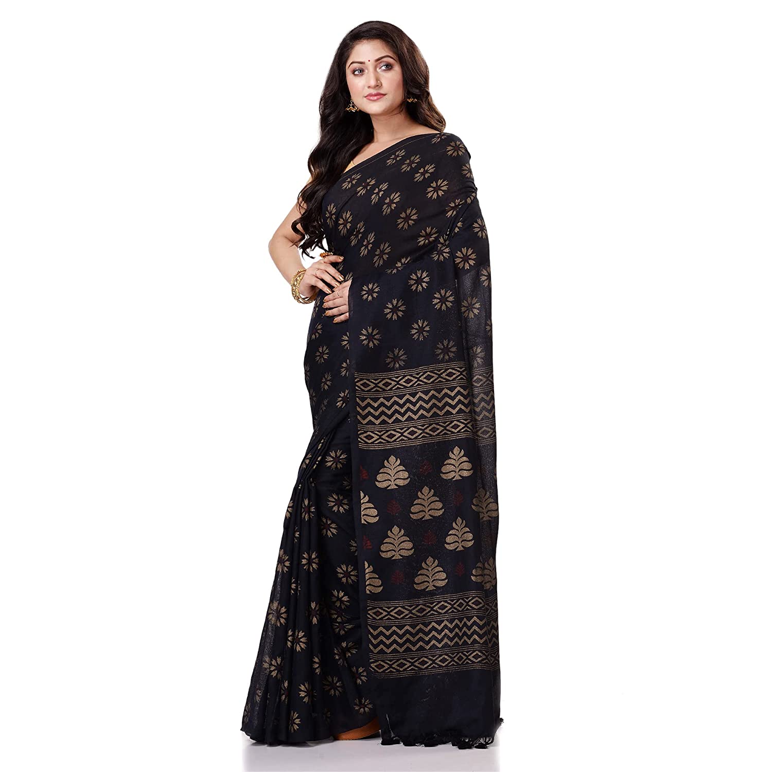 Women's Handspun Cotton Black Handloom Print Saree - Piyari Fashion