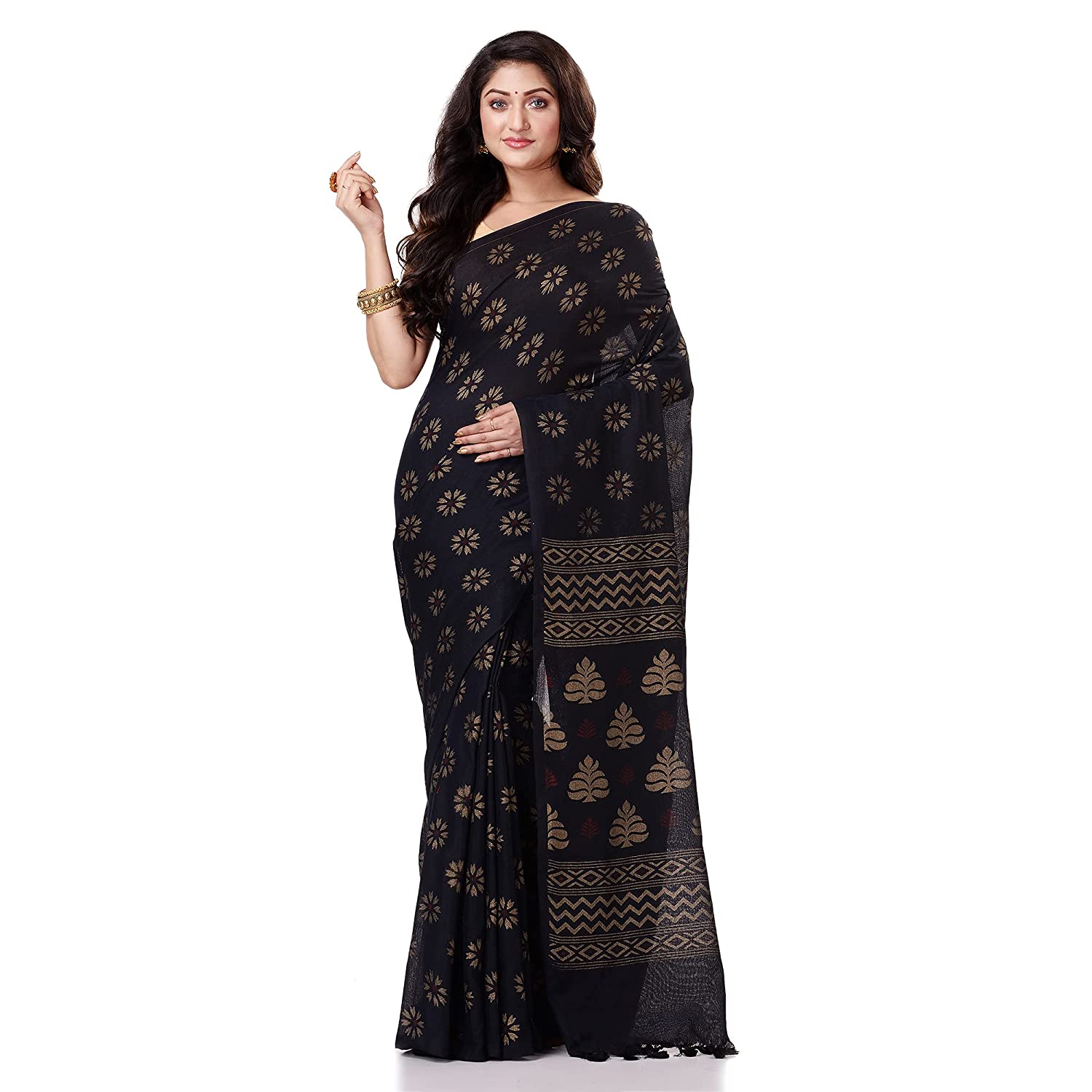 Women's Handspun Cotton Black Handloom Print Saree - Piyari Fashion