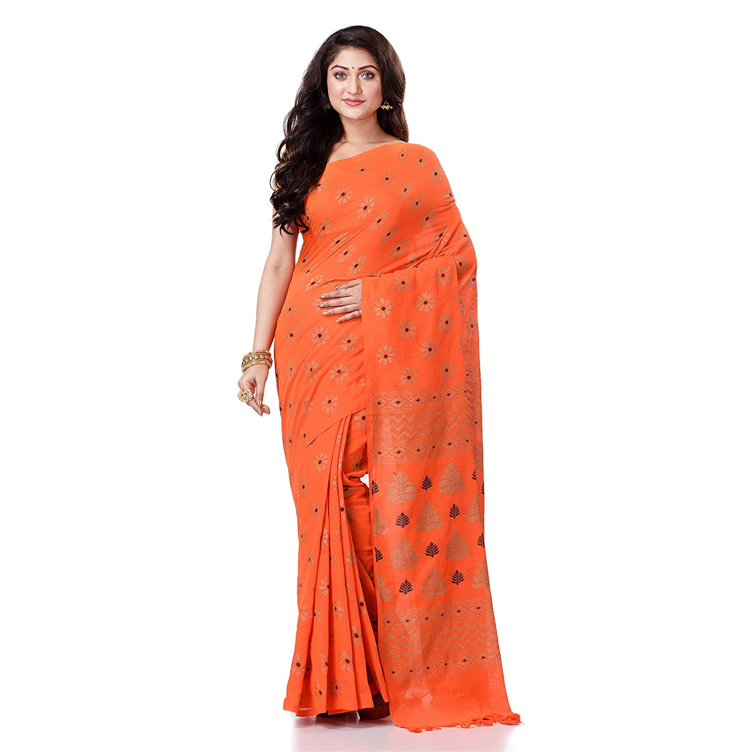 Women's Handspun Cotton Orange Handloom Print Saree - Piyari Fashion