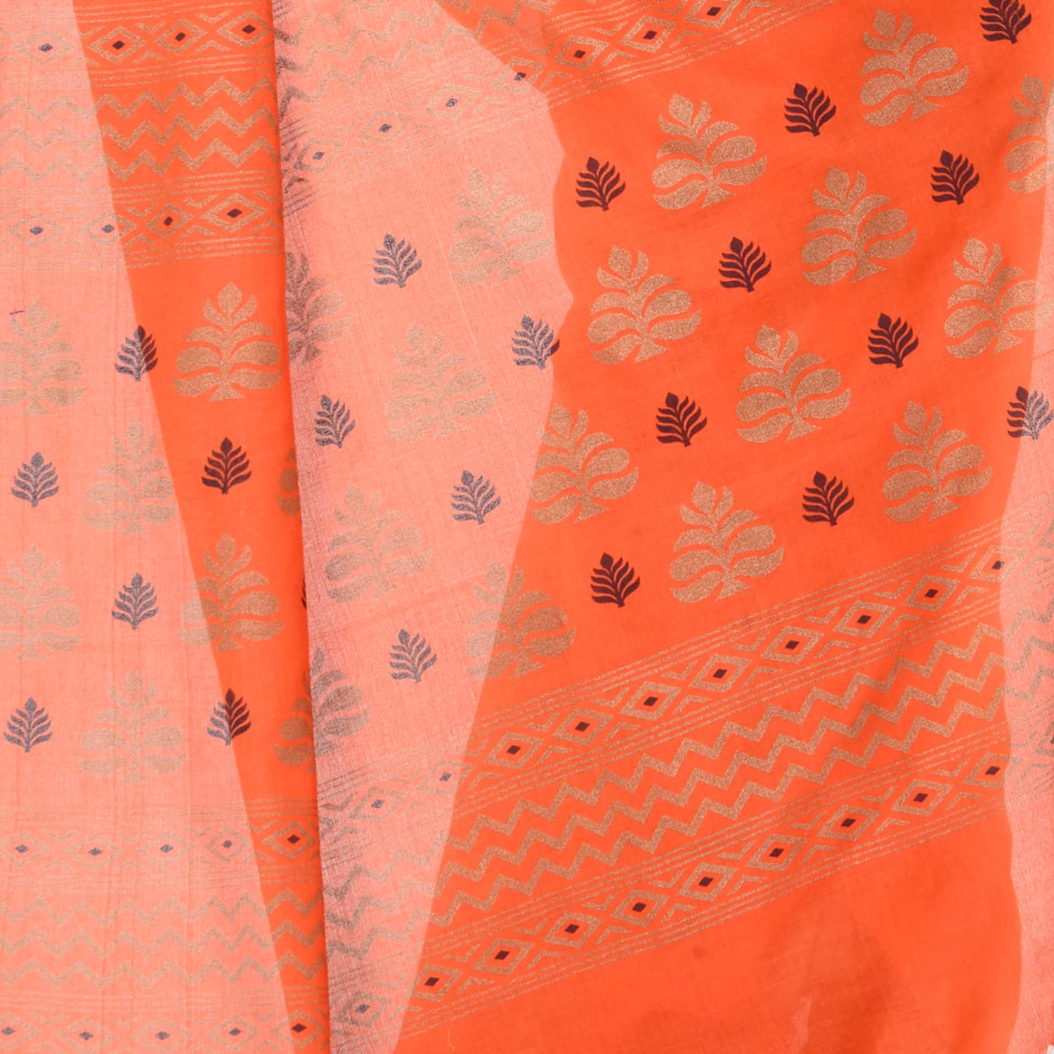 Women's Handspun Cotton Orange Handloom Print Saree - Piyari Fashion