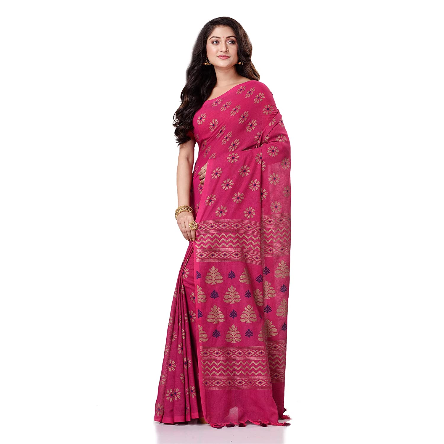 Women's Handspun Cotton Pink Handloom Print Saree - Piyari Fashion