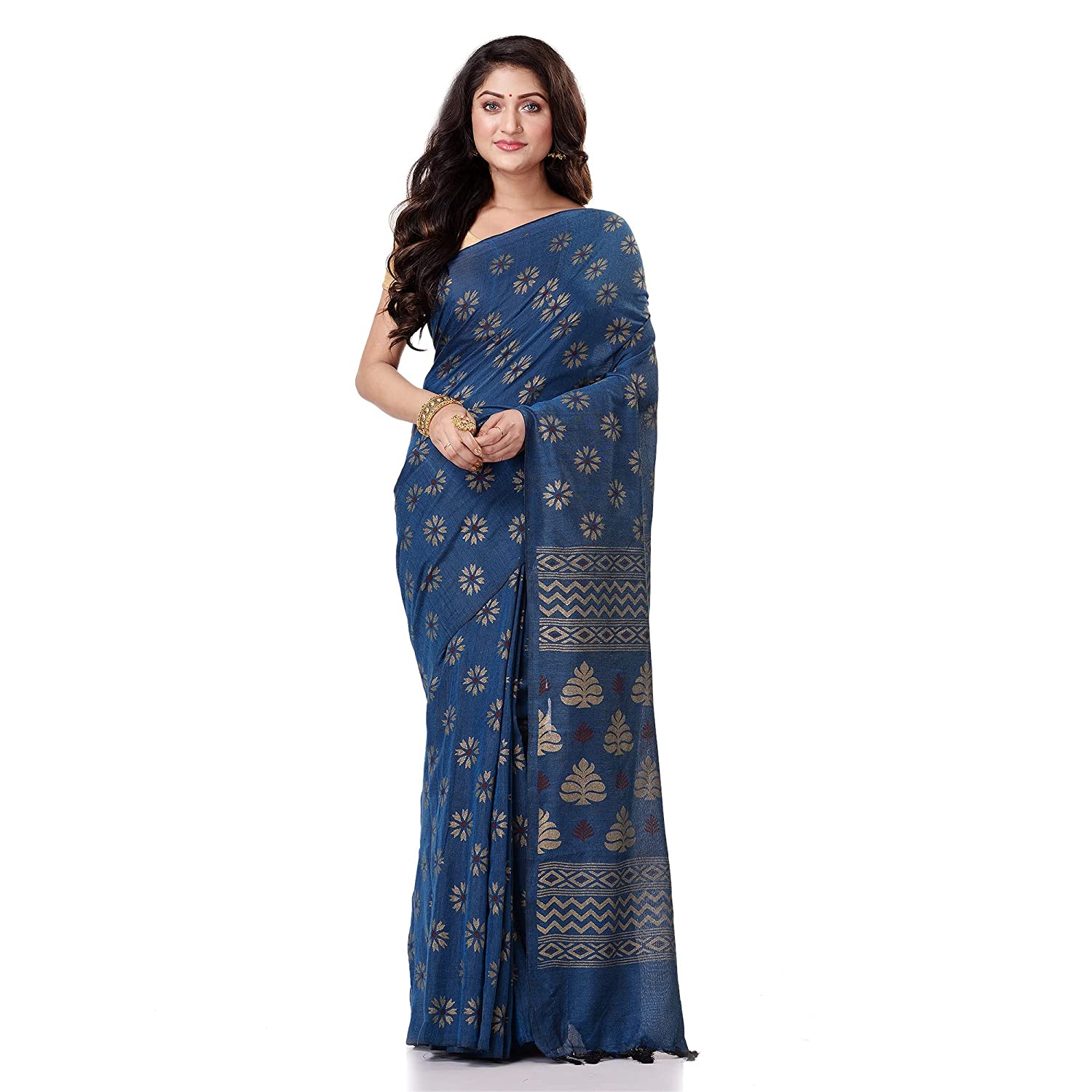 Women's Handspun Cotton Blue Handloom Print Saree - Piyari Fashion