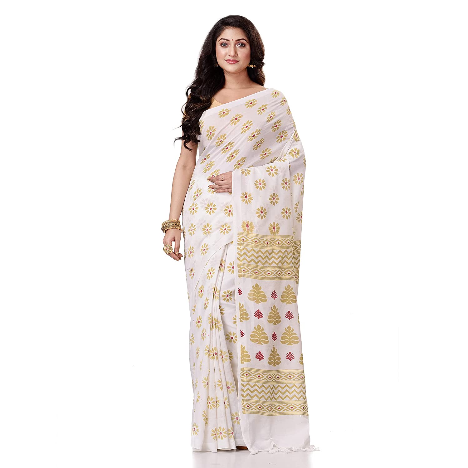 Women's Handspun Cotton White Handloom Print Saree - Piyari Fashion
