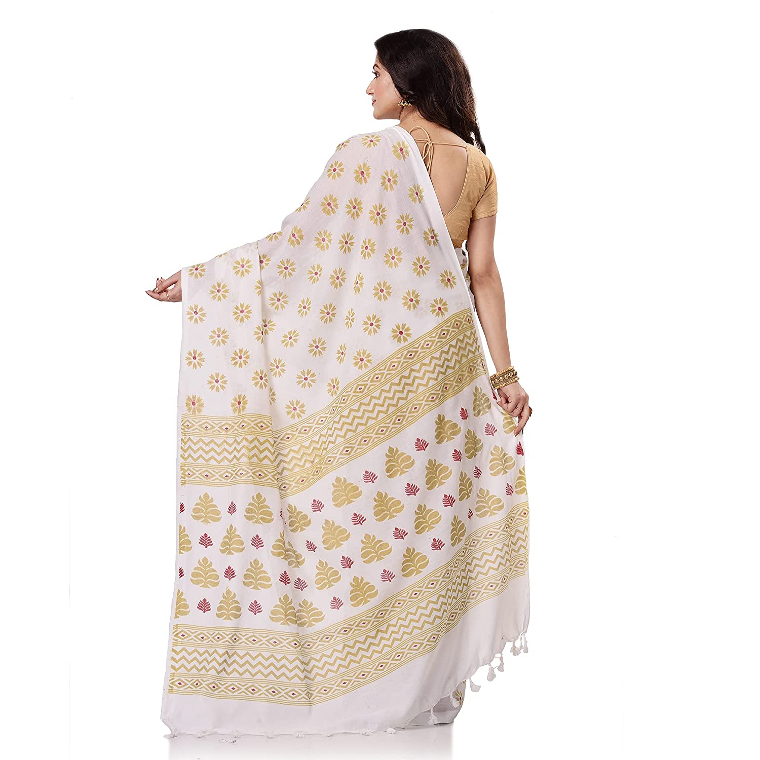Women's Handspun Cotton White Handloom Print Saree - Piyari Fashion