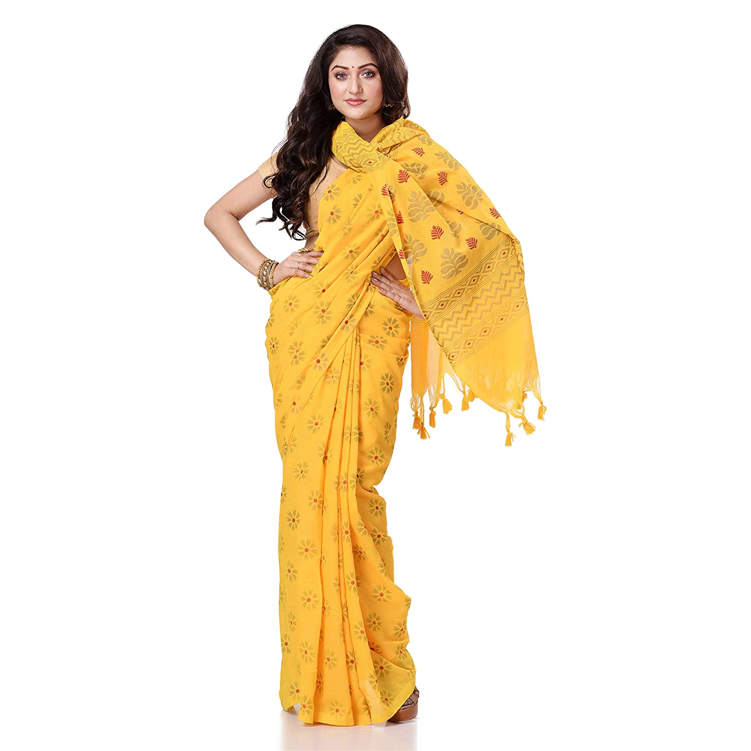 Women's Handspun Cotton Yellow Handloom Print Saree - Piyari Fashion