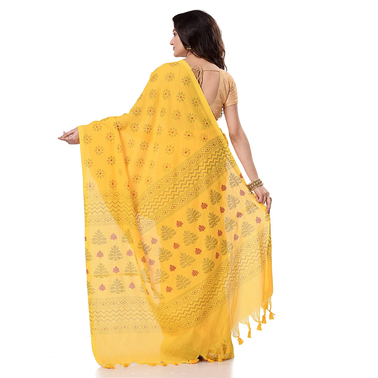 Women's Handspun Cotton Yellow Handloom Print Saree - Piyari Fashion
