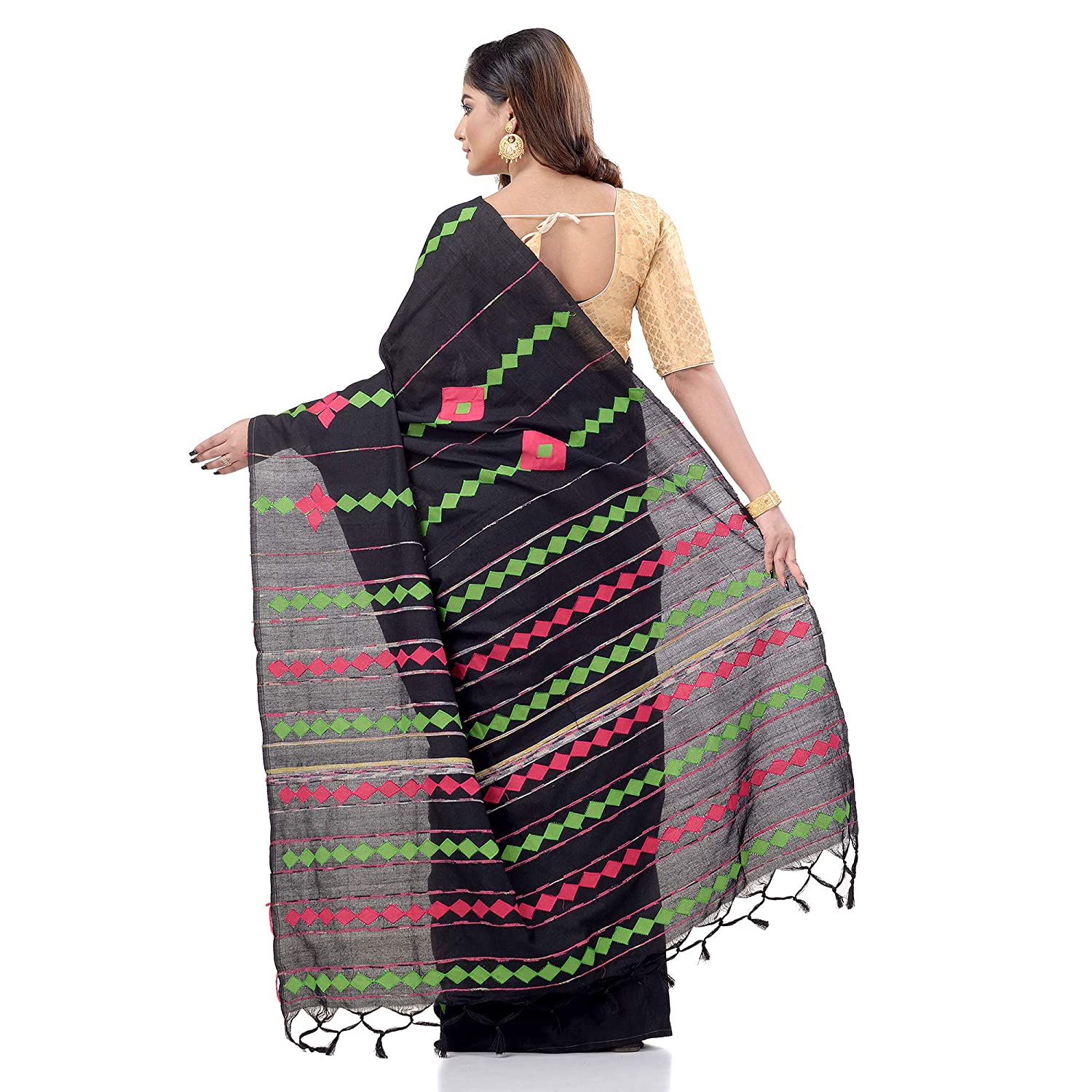Women's Handspun Cotton Black Handloom Applique Saree - Piyari Fashion