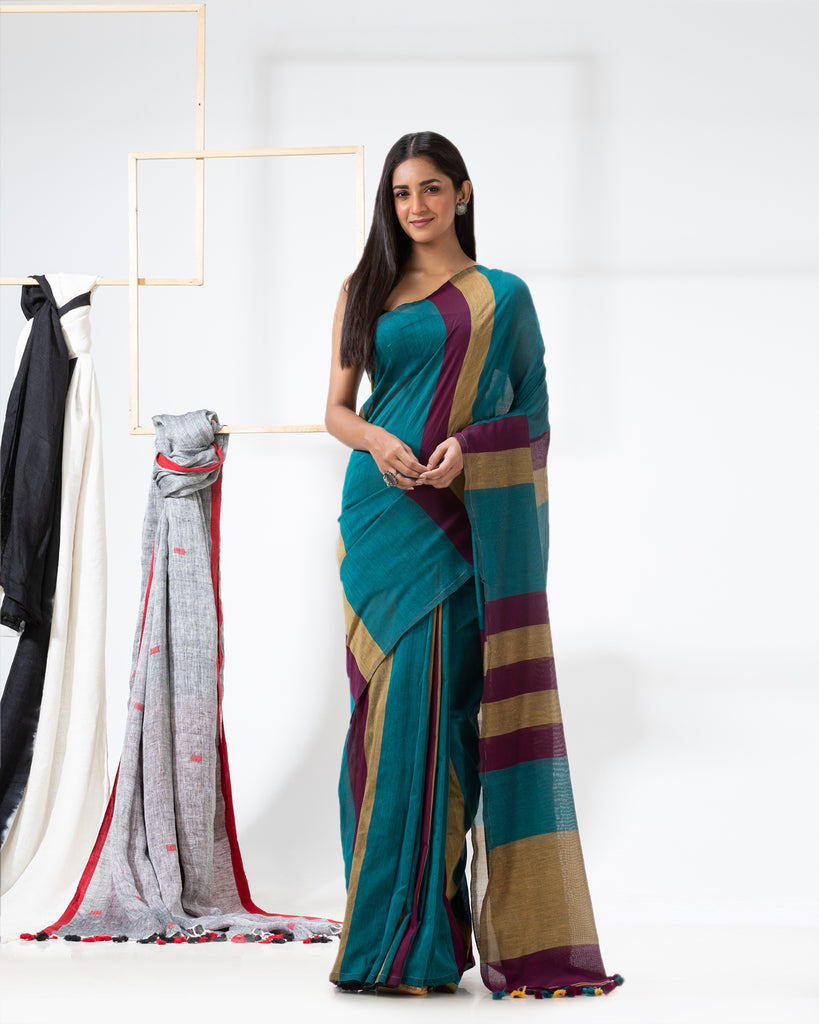 Women's Handspun Cotton Teal Handloom Saree