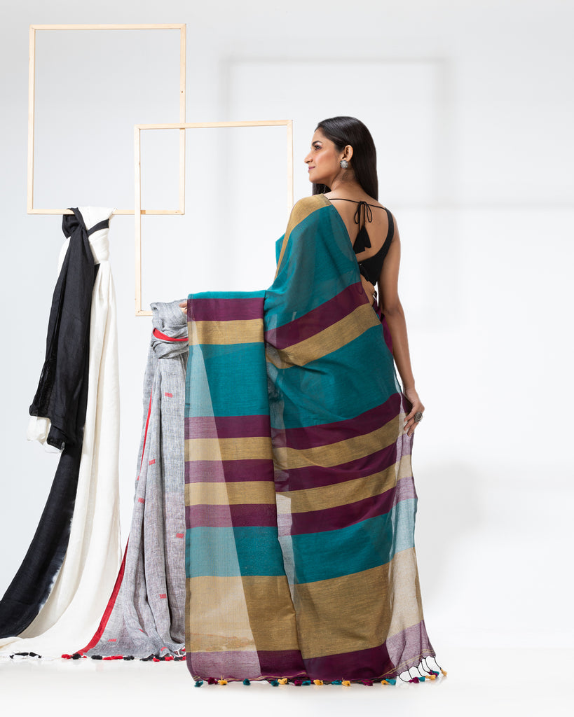 Women's Handspun Cotton Teal Handloom Saree