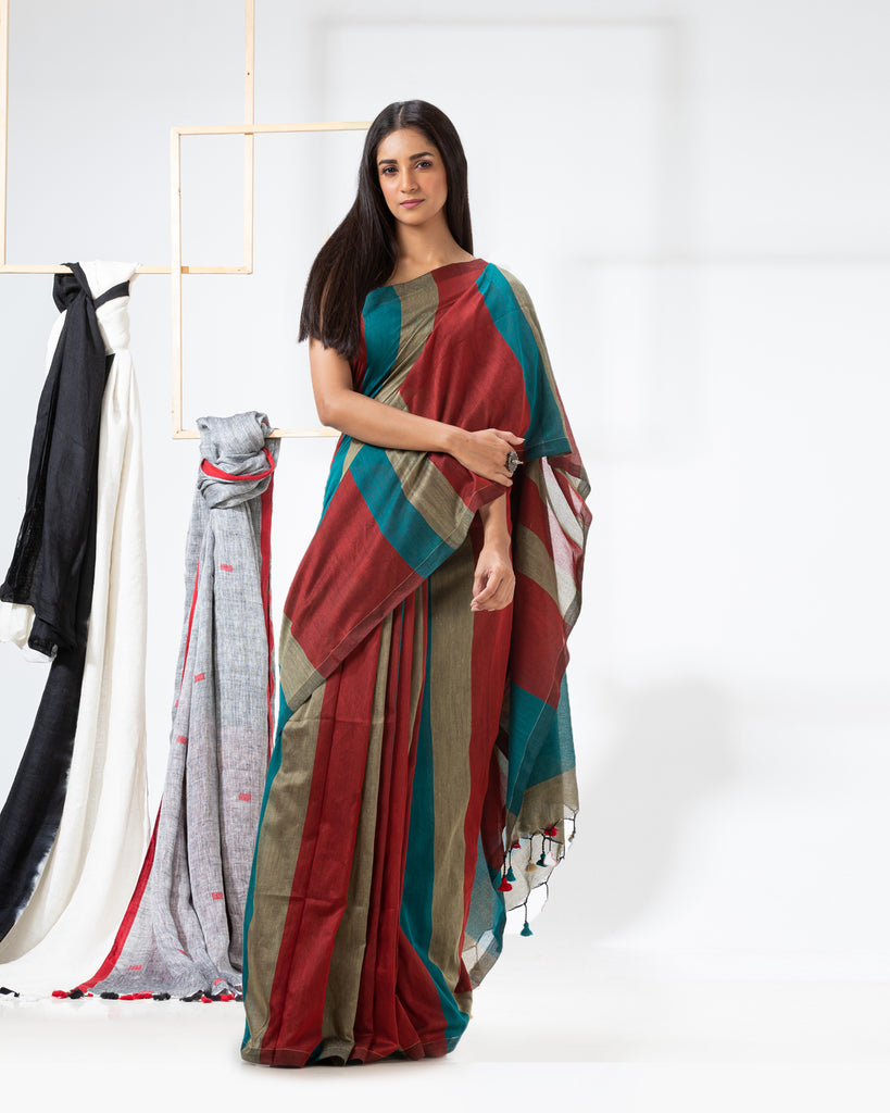 Women's Handspun Cotton Maroon Handloom Saree