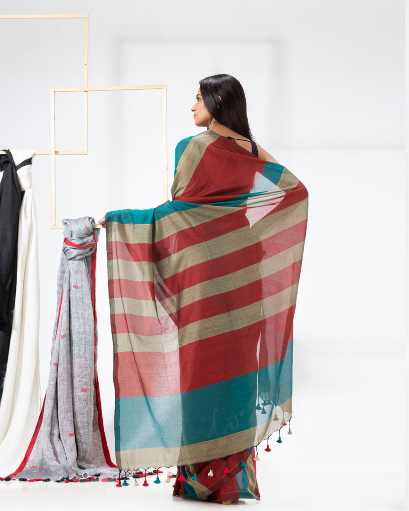 Women's Handspun Cotton Maroon Handloom Saree