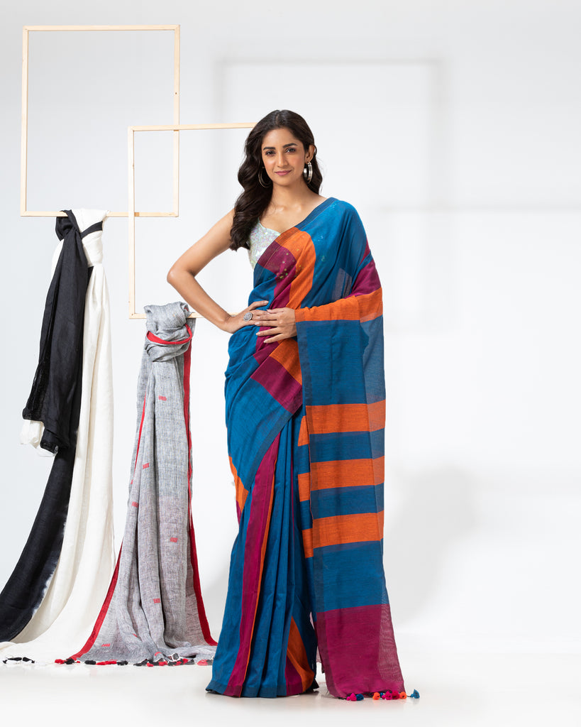 Women's Handspun Cotton Blue Handloom Saree