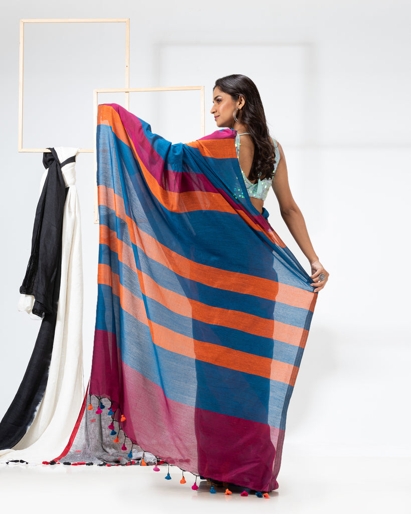 Women's Handspun Cotton Blue Handloom Saree
