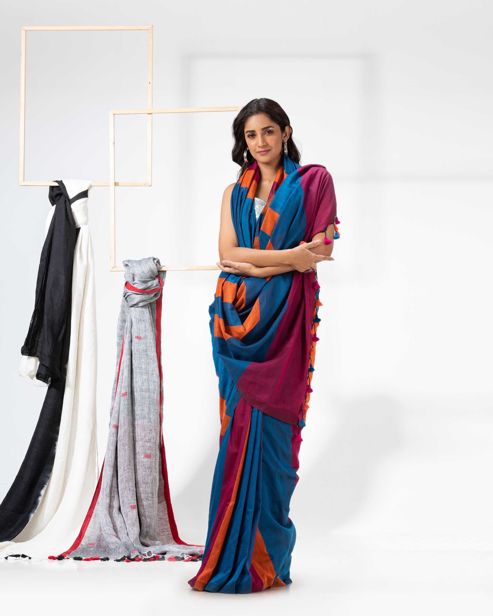 Women's Handspun Cotton Blue Handloom Saree - Piyari Fashion