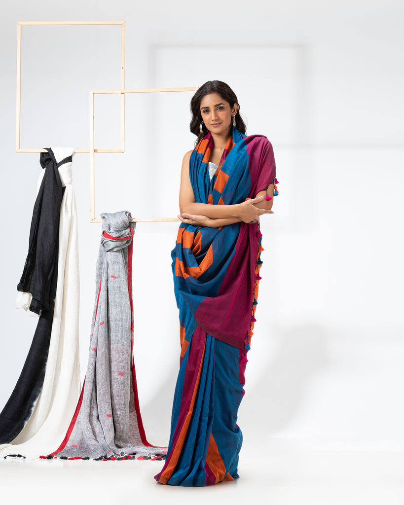 Women's Handspun Cotton Blue Handloom Saree