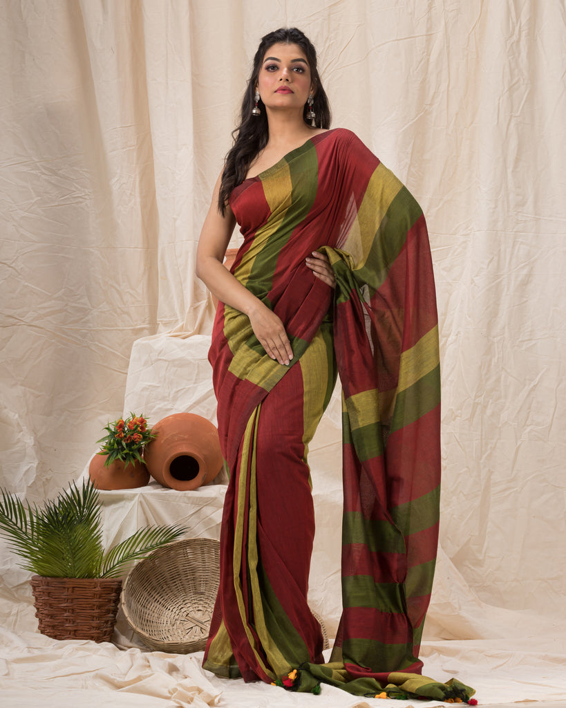 Women's Handspun Cotton Maroon Handloom Saree