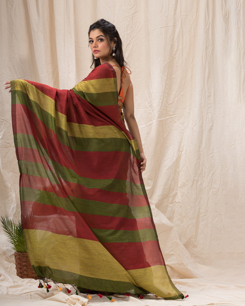 Women's Handspun Cotton Maroon Handloom Saree