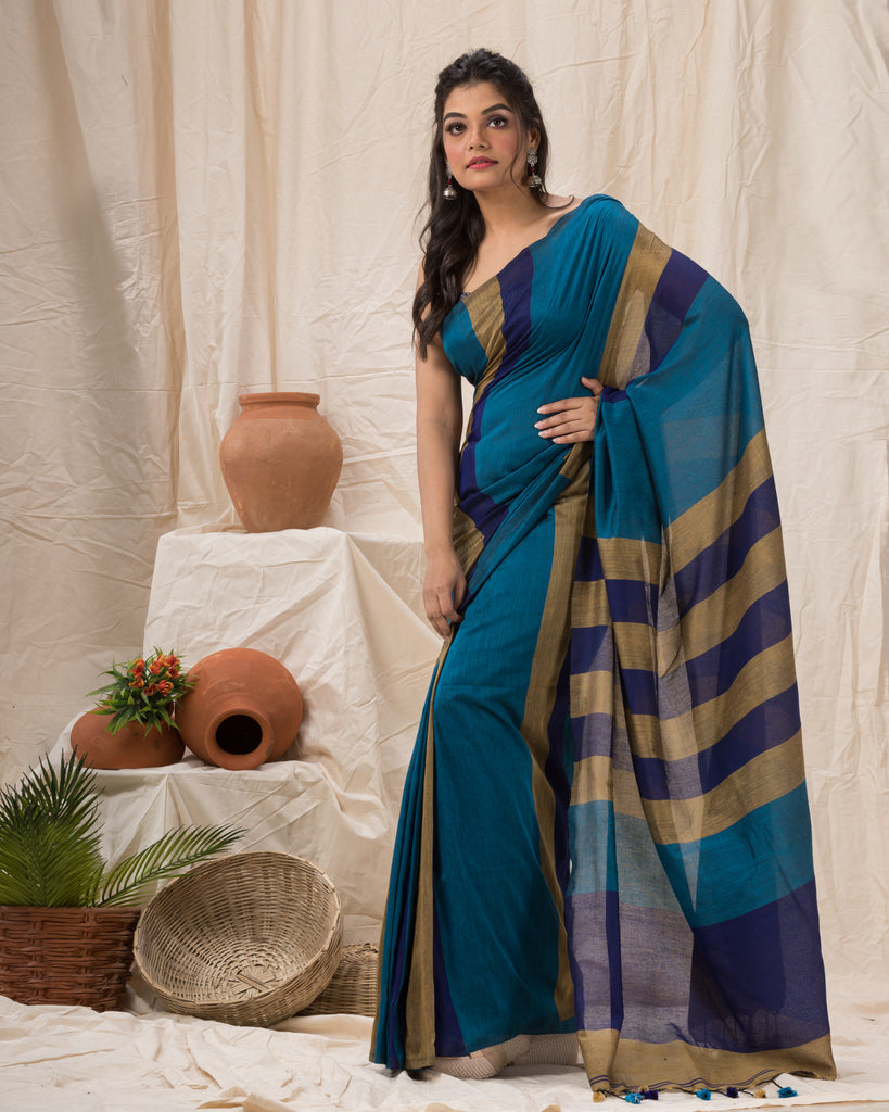 Women's Handspun Cotton Blue Handloom Saree