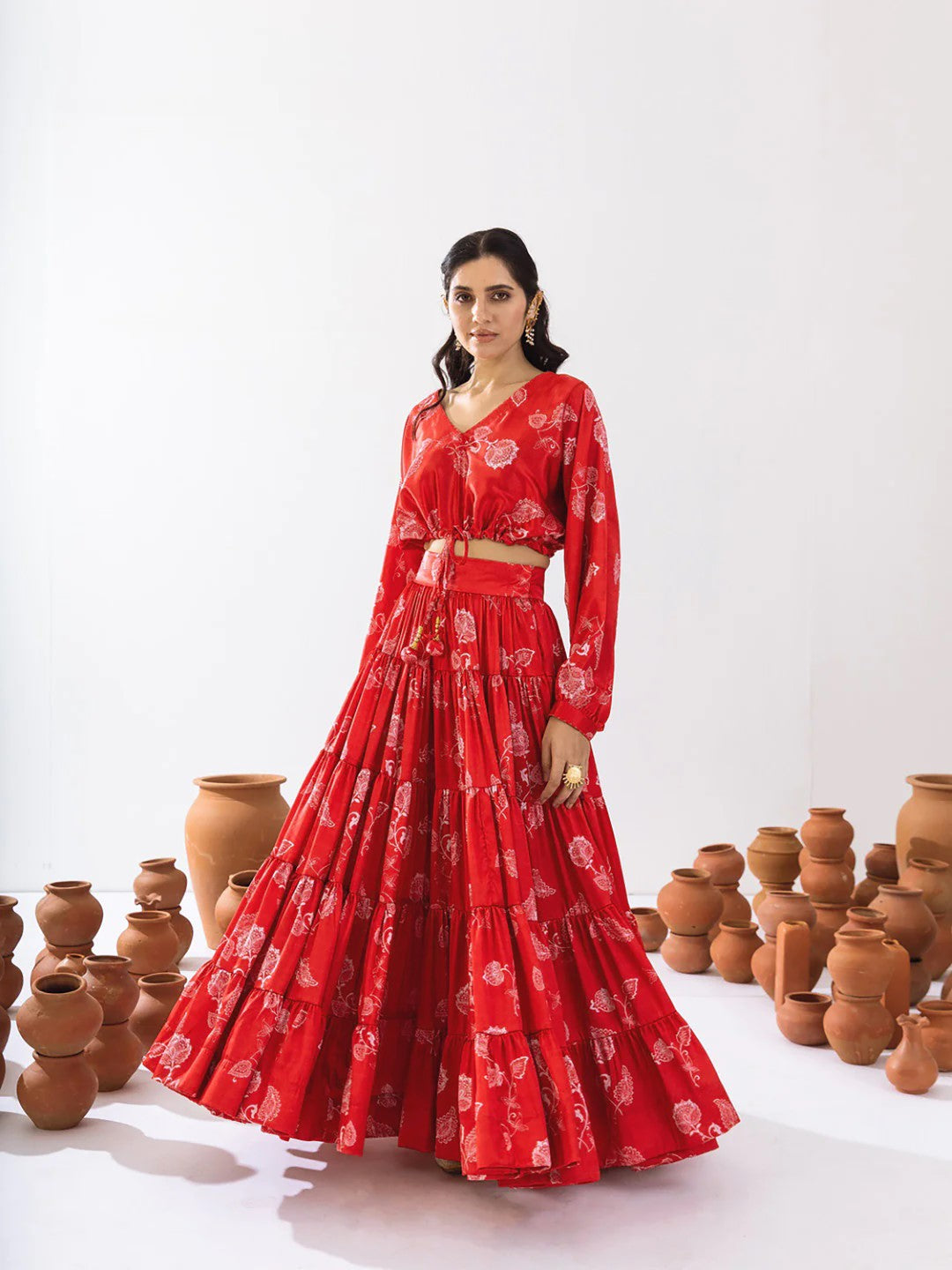 Women's Red Chinon Printed Lehenga Set - Pr Fashion