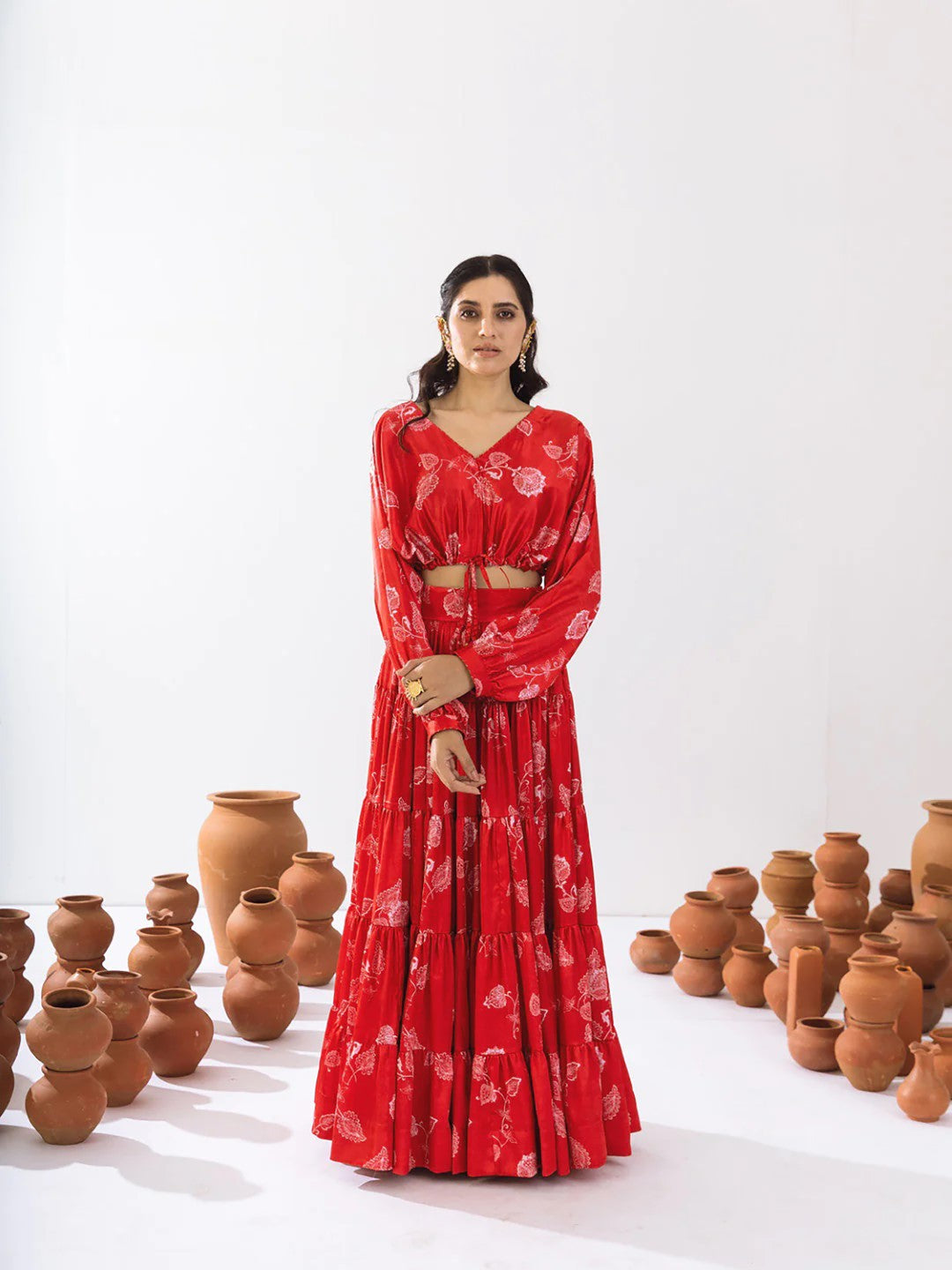 Women's Red Chinon Printed Lehenga Set - Pr Fashion