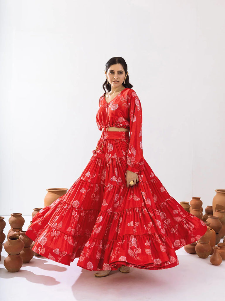 Women's Sample RedÂ  Heavy Air Tex CHINON Printed V Neck Lehenga Set