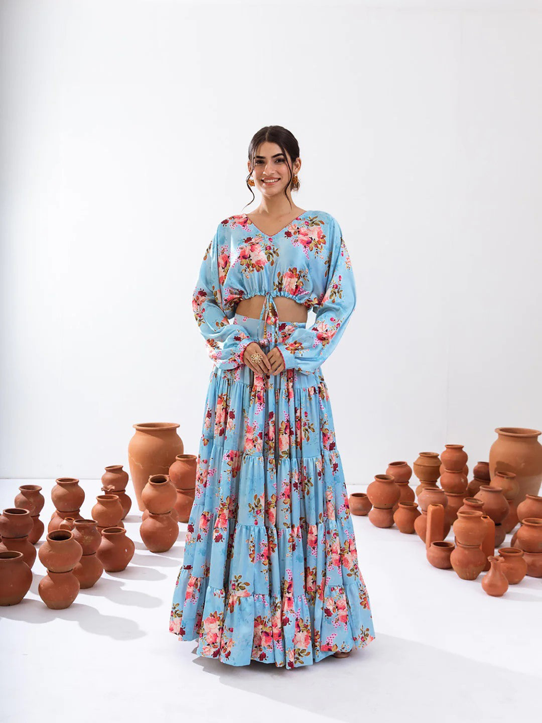 Women's Turquoise Blue Chinon Printed Lehenga Set - Pr Fashion