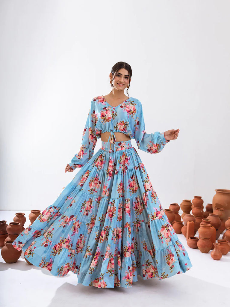 Women's Turquoise Blue Heavy Air Tex Chinon Printed V Neck Lehenga Set