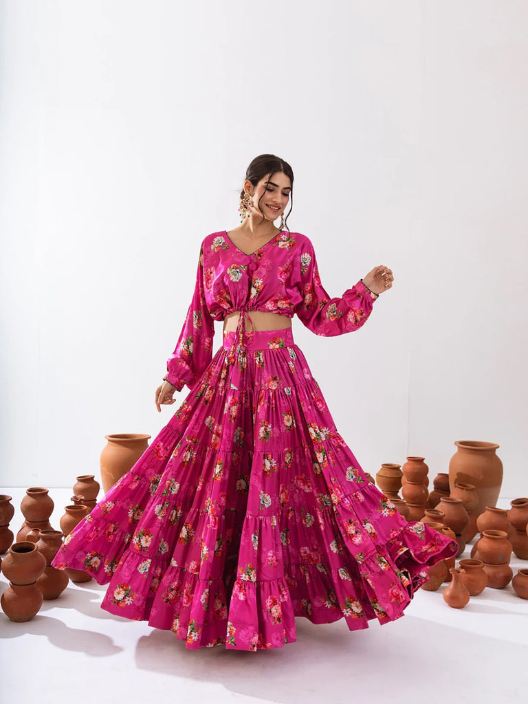 Women's Magenta Heavy Air Tex CHINON Printed V Neck Lehenga Set