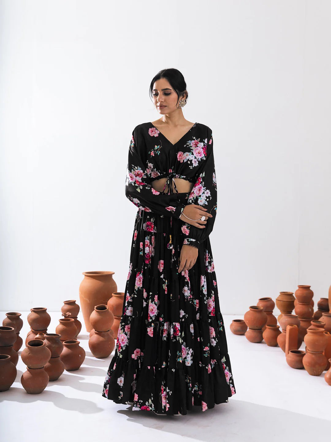 Women's Black Chinon Printed Lehenga Set - Pr Fashion