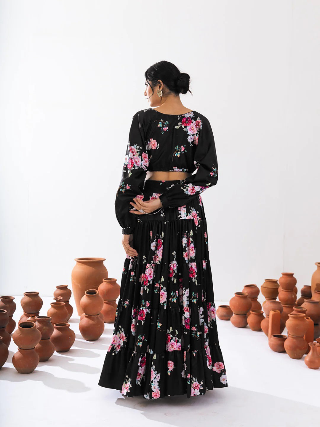 Women's Black Chinon Printed Lehenga Set - Pr Fashion