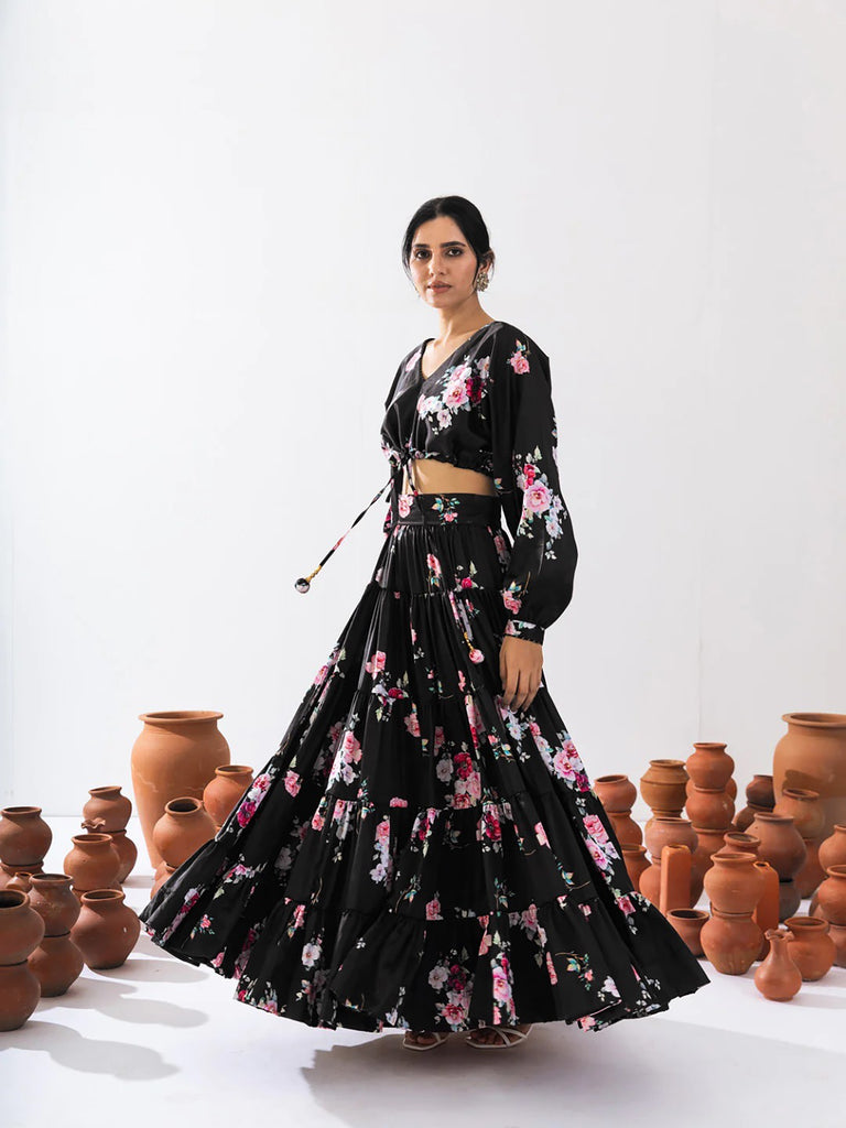 Women's Black Heavy Air Tex CHINON Printed V Neck Lehenga Set