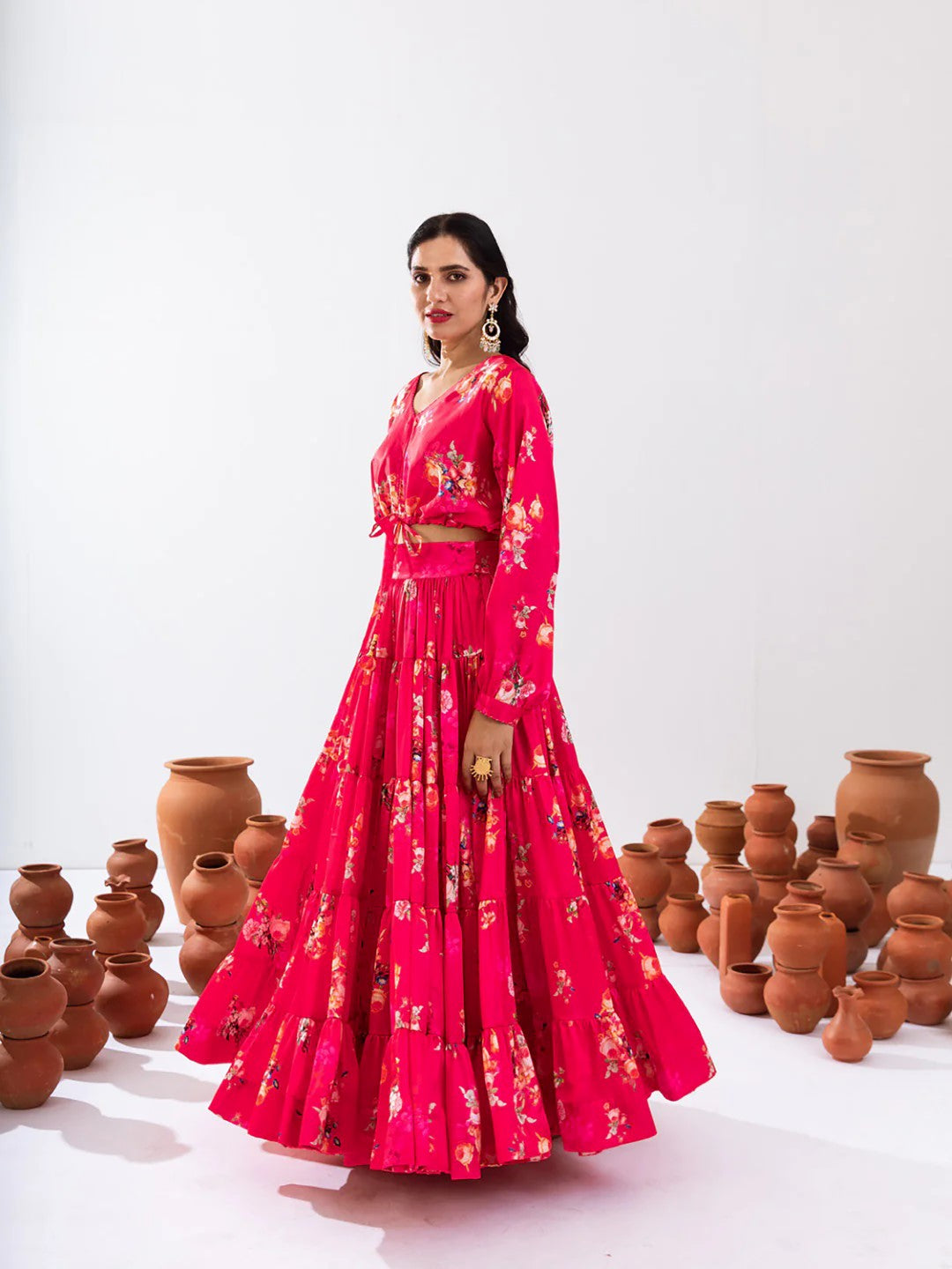 Women's Rani Pink Chinon Printed Lehenga Set - Pr Fashion